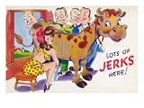 Comic Cartoon - Lots of Jerks Here; Woman Milking Cow with Men Watching Premium Poster Print, 18x24