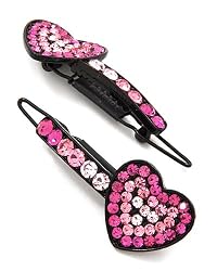 2 Black Tone Pink Rhinestone Heart Metal Snap Hair Barette Clips