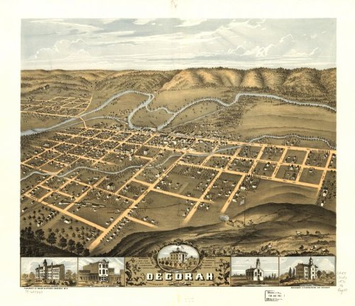 Decorah, Winneshiek County, Iowa 1870. Merchants Lithographing Co., large historic panoramic map reprint 41x36