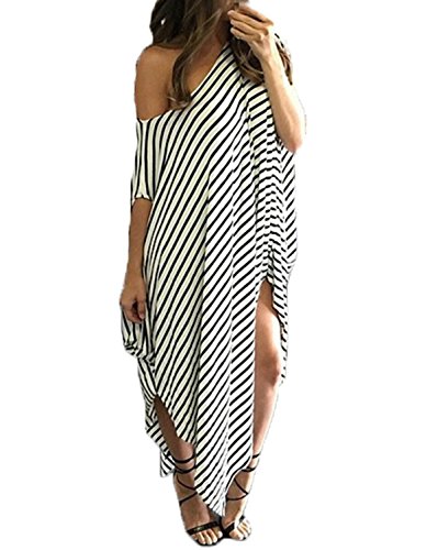 ZANZEA Women's One Off Shoulder Striped Irregular Long Maxi Dress Kaftan Dress Stripe M