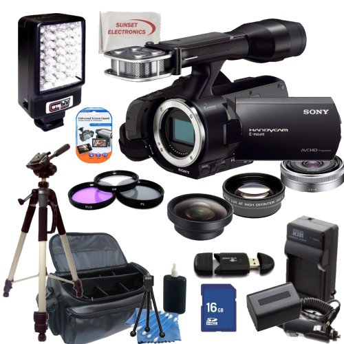 Sony NEX-VG30 Interchangeable Lens HD Handycam Camcorder (Body Only) + Kit - Includes: Video Light, E-Mount SEL16F28 16mm f/2.8 Wide-Angle Lens, 0.45x Wide Angle Lens, 2x Telephoto Lens, Full Size Tripod, 3 Piece Filter Set (UV-FLD-CPL), Replacement NP-FV100 Battery Pack, Rapid Travel Charger, 16GB Class 10 SDHC Memory Card, Memory Card Reader, Table Top Tripod, LCD Screen Protectors, Carrying Case and Cleaning Kit with SSE Microfiber Cleaning Cloth 