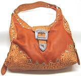 Orange Rhinestone Buckle Handbag Bag Mock Croc Trim