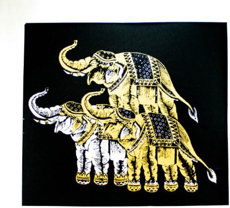 Three Thai Elephens, Work of Art, White and Golden Colours Screened on a Black Thai Silk with White Paper Flame, Size 14x14 Inches