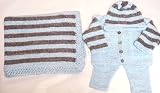 Knitted on Hand Knitting Machine Blue Chenille with Grey Stripes Finished By Hand Crochet Infant Boys Cardigan Pant Hat Set and Matching Blanket