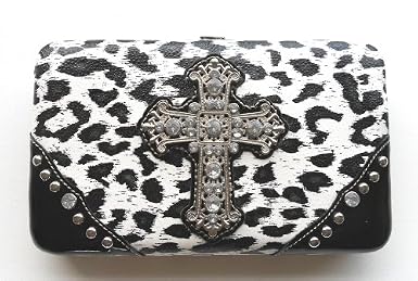 Animal Print Hard Case Clutch Wallet Organizer for Women with Rhinestones & Cross