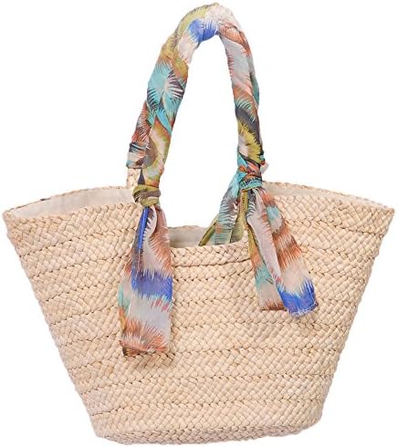 Faux Straw Chiffon Beach Sarong Tassel Top Handles Bag Shoulder Weave Hobo Bag
