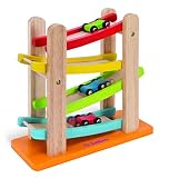 Simba Eichhorn 100005080 - Autorennbahn, 25x24cm, Rollbahn aus Holz mit 3 Fahrzeugen -