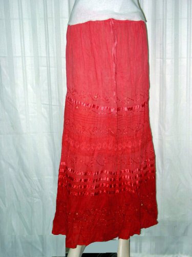 Gift for Her - Red Cotton Sequin Lace Embroidered Skirts with Adjustable Waist 36 Inch Length Free Shipping