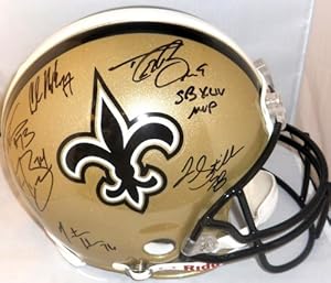 DREW BREES & SB XLIV O LINE AUTOGRAPHED HELMET RARE LIMITED EDITION #/9