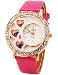 Womens Round Dial Analog Watch with Crystals & Beads Decoration Red