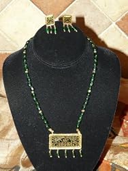 Fashion Jewelry Indian Style Ethnic Gold Plated Deep Emerald Green Jewelry Earring Set 3pc