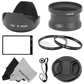 Essential Accessory Kit for PANASONIC LUMIX DMC-LX5 - Includes: 52MM Lens Adapter Tube + Tulip Flower Lens Hood + Filter Kit (UV, CPL) + LX5 Glass LCD Screen Protector + Center Pinch Lens Cap + Cap Keeper Leash + 2 MagicFiber Microfiber Lens Cleaning Cloths