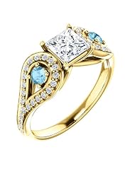 14K Yellow Gold Princess Cut Diamond and Aquamarine Ring -- LIFETIME WARRANTY