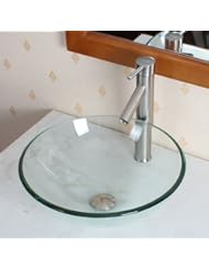 Home Improvement: Elite Bathroom Clear Round Glass Vessel Sink & Brushed Nickel Single Lever Faucet Combo & Nickel Pop Up Drain Mounting Ring - Elite