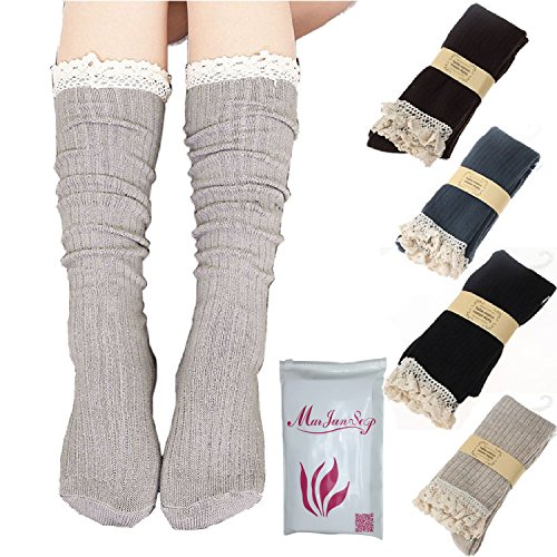 4 Pairs Women Girls Lace Trim Cotton Knit Footed Leg Boot Knee High Stocking
