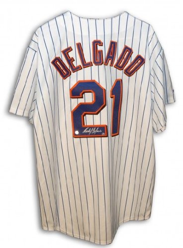 Carlos Delgado Autographed/Hand Signed New York Mets Majestic White Pinstripe Baseball Jersey