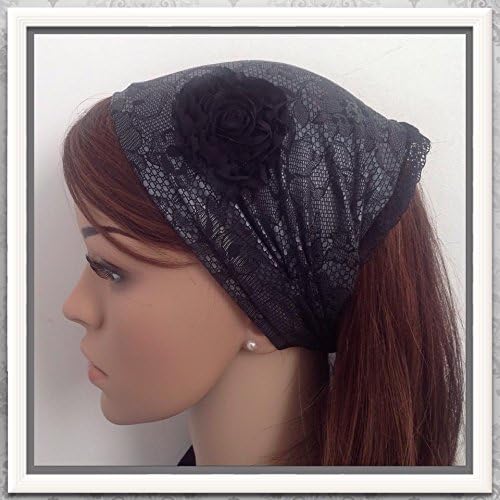 Hair Cover, Scarf, Stunning BLack lace on a purple Lycra Bace With Flower application Haire Snood (Purple & Black)