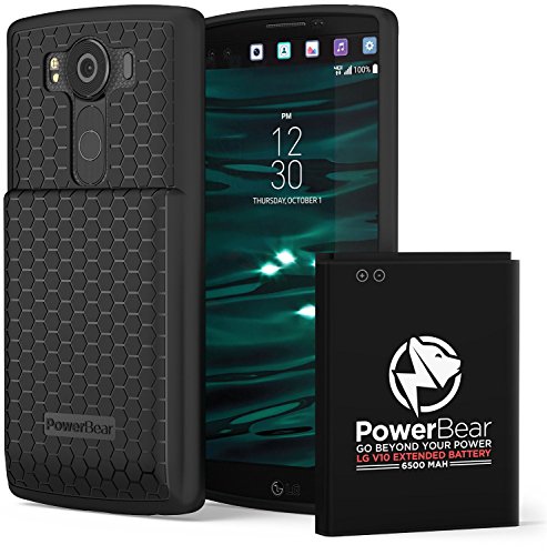 PowerBear LG V10 Extended Battery 6500mAh & Back Cover & Protective Case (Up to 2.2X Extra Battery Power) - Black [24 Month Warranty & Screen Protector Included]