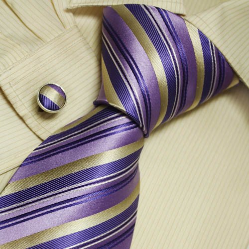 Purple Striped Men Wearing Ties Stripes Creative Presents Formalwear Silk Tie Cuff Links Set 5228