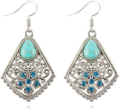 VCreations Simulated Turquoise Dangle Earrings Tibetan Silver Fashion Jewelries with Crystal Setting