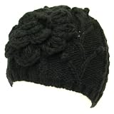 New Handknit Beanie Skull Crochet Flower Knit Hat Black