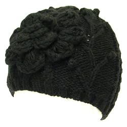 New Handknit Beanie Skull Crochet Flower Knit Hat Black