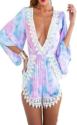 Finejo Womens Sexy Deep V Neck Lace Geometry Rompers Jumpsuits (Medium, Gradient Pink)