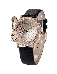 Fashion Rose Gold Lady Women Girl Crystal Butterfly Black Leather White Wrist Watch WK1157