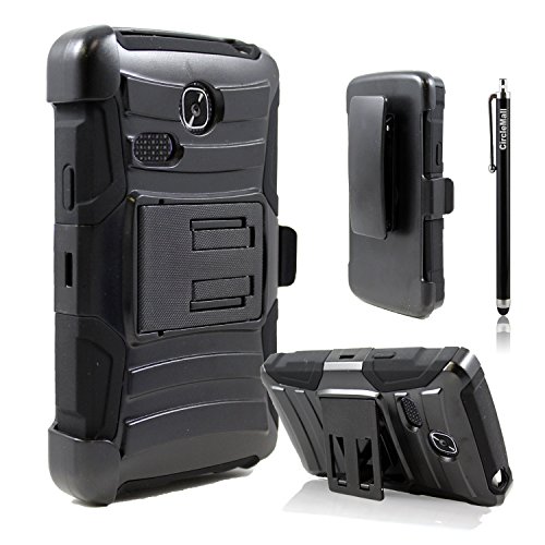 LG Sunrise Case, LG Lucky Case, LG L15G, LG L16C Combo Rugged Shell Cover Holster with Built-in Kickstand and Holster Locking Belt Clip Black + Circle(TM) Stylus Touch Screen Pen