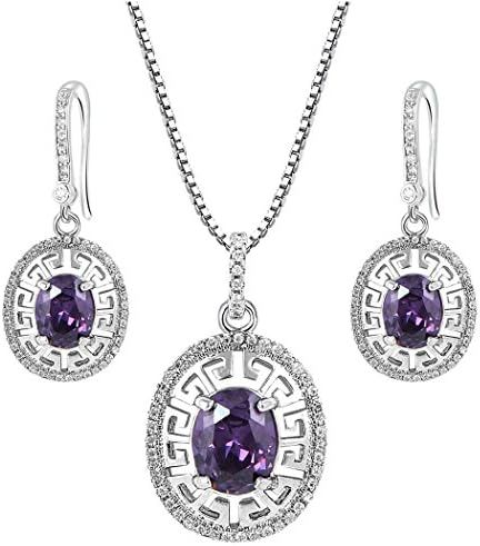 EleQueen Women's Silver-tone Zircon Oval Drop Pendant Necklace Hoop Earrings Set Purple