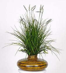 Artificial Grass with Flowers in Striped Vase