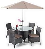 Java 4 Seater Rattan Dining Garden Conservatory Furniture Set with Glass Topped Table and Parasol