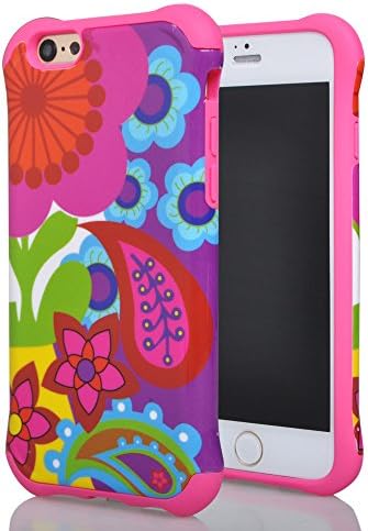 Iphone 6 4.7 Case, Meaci® Cellphone Case for Iphone 6 4.7 Inch Case 2 in 1 Combo Hybrid Case Dual Layer Bumper with Smooth Exquisite Print Protective Case (pink silicone & abstract painting flower)