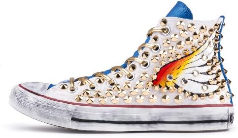 [KLACK SMITH] Unisex Vintage Casual Customized Studded Painted High-Top Converse Shoes_HERMES'S WING_H (White) (290mm (US Men 10))