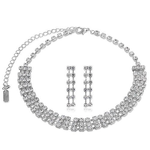 Silver Tone Bridesmaid Rhinestone 3-Row Choker Necklace Earrings Set