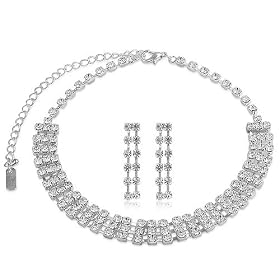 Silver Tone Bridal Bridesmaid Wedding Rhinestone 3-Row Choker Necklace Earrings Set - Ideal Gift For Anniversary, Engagement, Wedding, Birthday, Romantic For Her