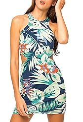 Sexy Strapless Halter Summer Tropical Print Cutout Bodycon Dress 