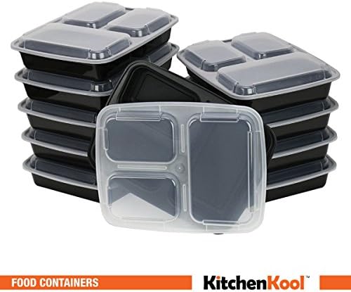 KitchenKool 10-Pack, 3-Compartment Microwave Safe Food Container with Lid/Divided Plate/Bento Box/Lunch Tray with Cover, Black, 32oz