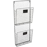 Country Rustic Gray 2 Tier Wall Storage Baskets / Magazine Rack / File Organizer w/ Chalkboard Labels
