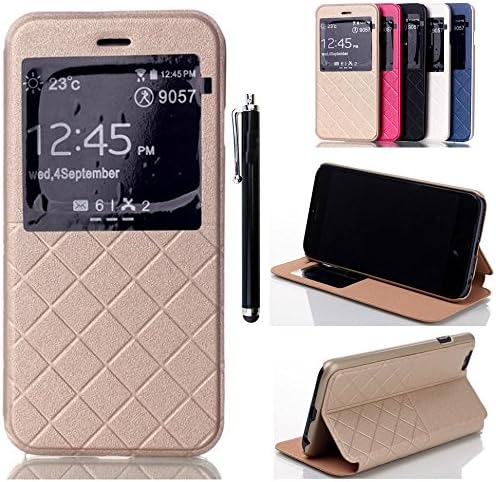 Specially Designed Grid Pattern Dustproof Sunscreen Premium PU Leather Slim Flip Kickstand View Window Protective Case Cover for iPhone 6 4.7 Inch - Gold