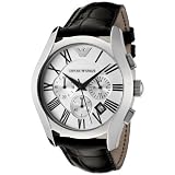 Emporio Armani Men's AR0669 Chronograph Silver Dial Black Leather Watch