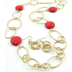 Gold Tone Red Long Link Necklace Earring Fashion Jewelry Set 36"
