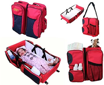 Little Angel Kids Baby 3 in 1 Diaper Bag Multifunctional 2016 Style New Design High Quality Portable Changing Station Folding Bed Bag for Infant Boy Girl Crib Bag Travel Bassinet &amp; Carry Tote (Red)