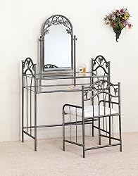 Nickel Bronze Finish Metal Vanity Table Stool & Mirror Set