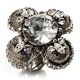 Vintage Four Petal Crystal Flower Cocktail Ring (Clear&Dim Grey)