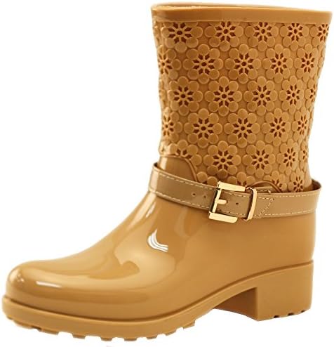 First Fashion Women's Waterproof Flower Rubber Puddles Rainboots,10 B(M) US,Nude