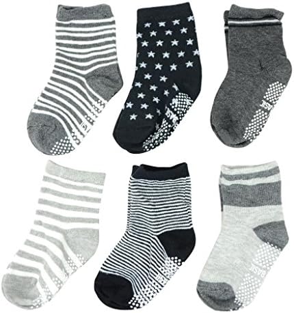 Newborn Baby Infant Toddler Boys Antislip Skid Socks, Black Gray White Stripes 6 pk