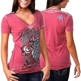 Affliction Olde London Juniors V-Neck T-Shirt - Deep Red Burnout