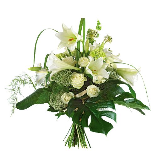 Blumenstrau&szlig; 'Hoher Strau&szlig;' Frisch vom Floristen vor Ort mit wei&szlig;en Lilien, und wei&szlig;en Rosen