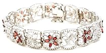 Platinum Overlay Sterling Silver Garnet w/ Diamond Accent Flower Bracelet, 7.25"